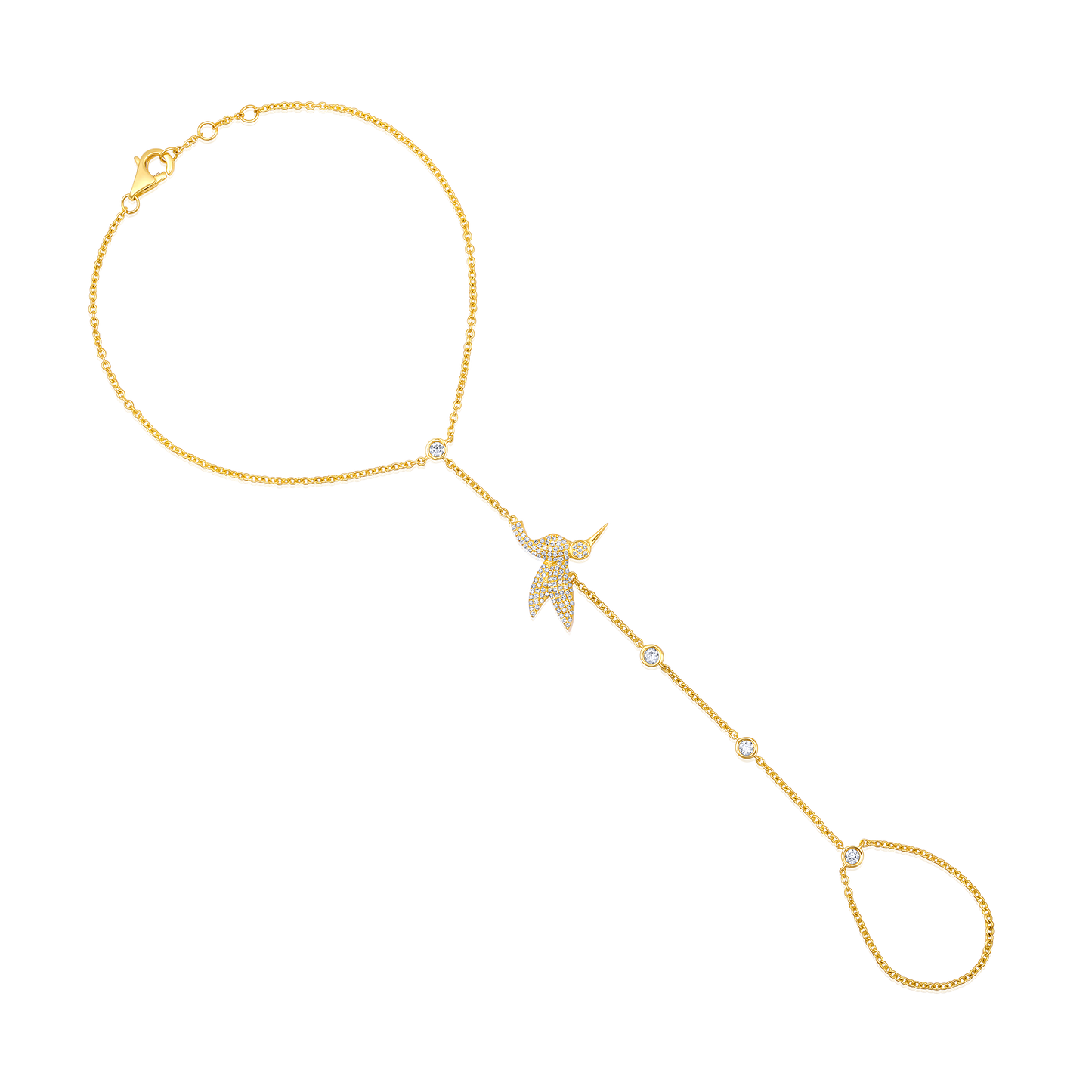 14k Yellow Gold Diamond Hummingbird Hand Chain