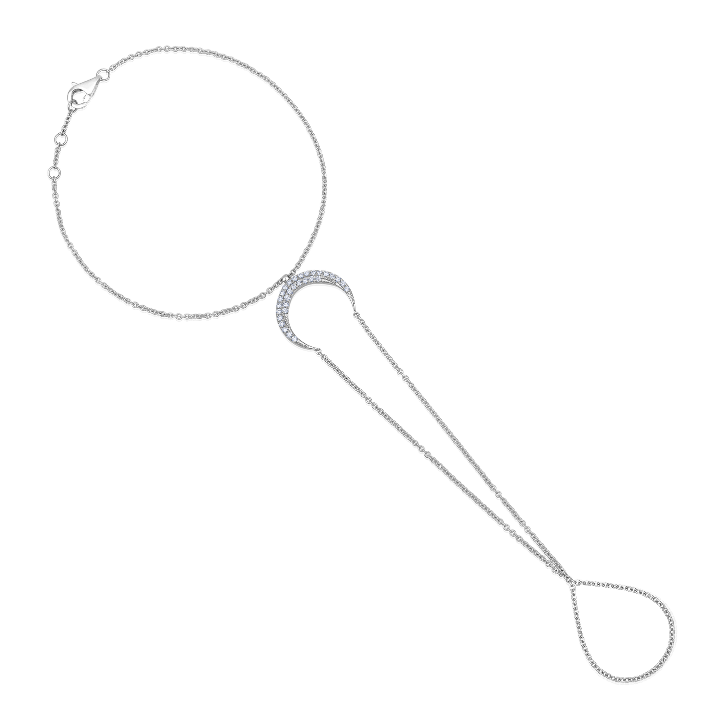 14k White Gold Diamond Half Moon Hand Chain