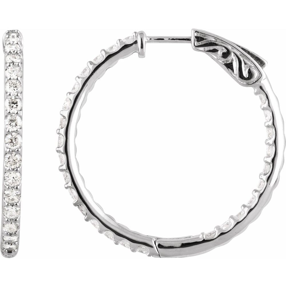 14K White 2 CTW Natural Diamond Inside-Outside 29.5 mm Hinged Hoop Earrings