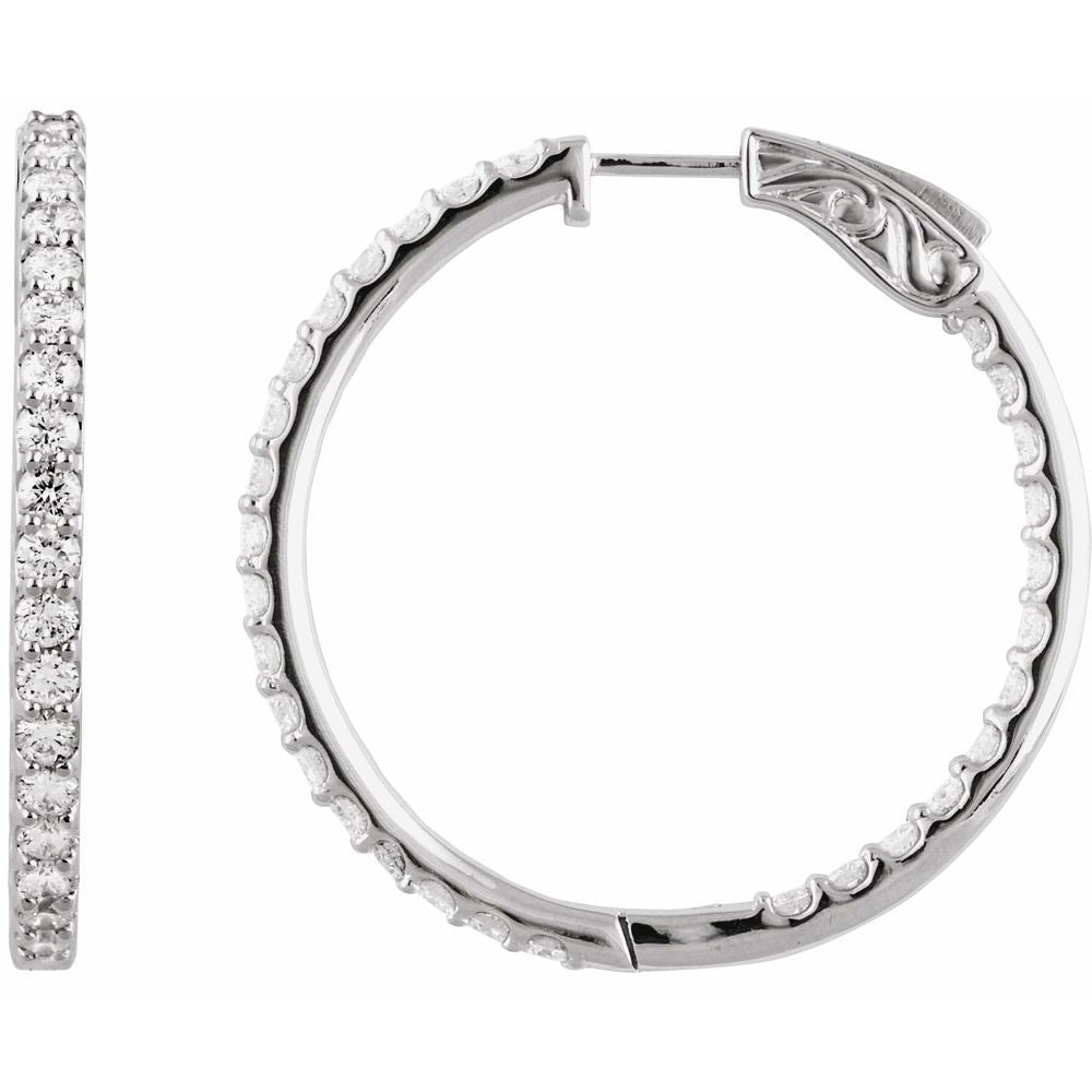 14K White 3 CTW Natural Diamond Inside-Outside 34.5 mm Hinged Hoop Earrings