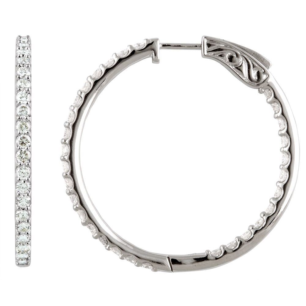 14K White 5 CTW Natural Diamond Inside-Outside 41.5 mm Hinged Hoop Earrings