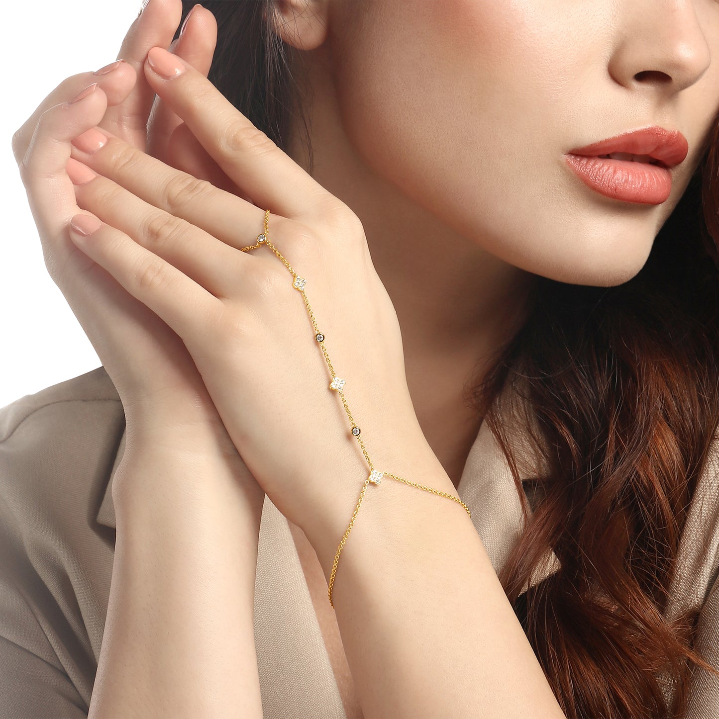 14k Yellow Gold Diamond Bezel and Clover Hand Chain