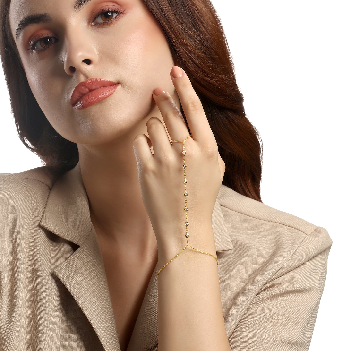 14k Yellow Gold with 7 Diamond Bezel Hand Chain