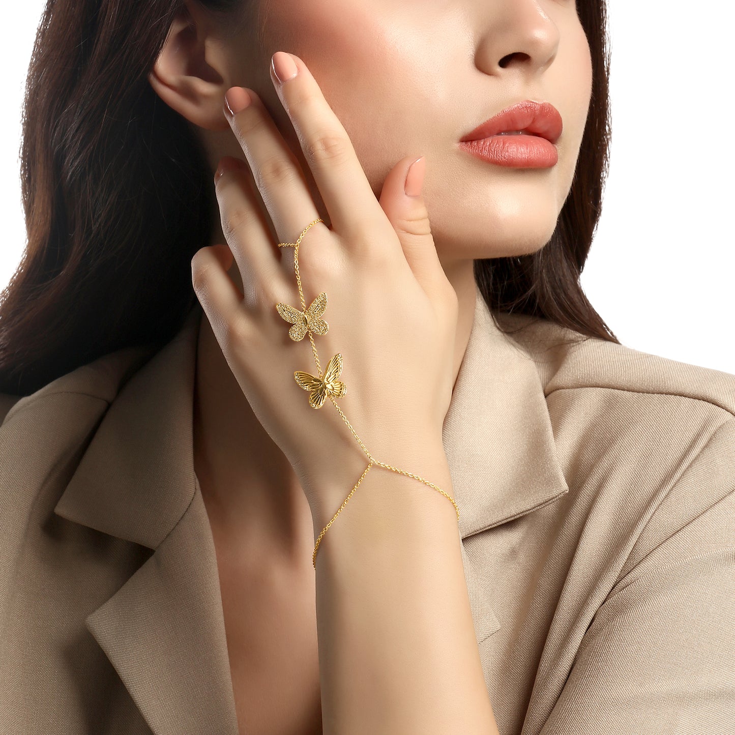 14k Yellow Gold Diamond Butterfly Hand Chain