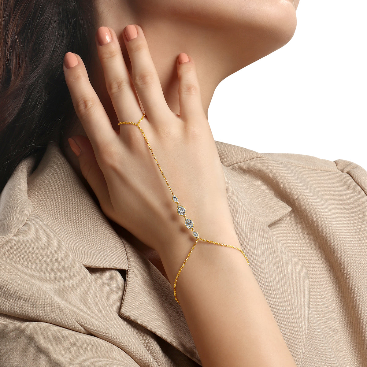 14k Yellow Gold Diamond Teardrop Accent Hand Chain
