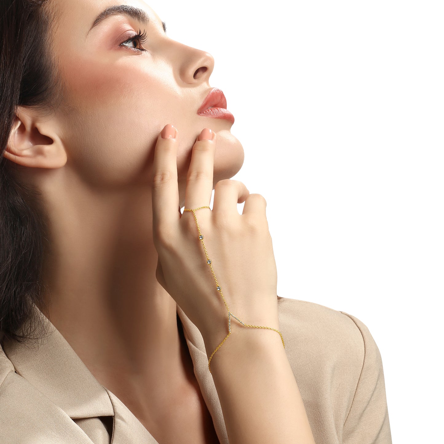 14k Gold 3 diamond bezel with Diamond V accent Hand Chain