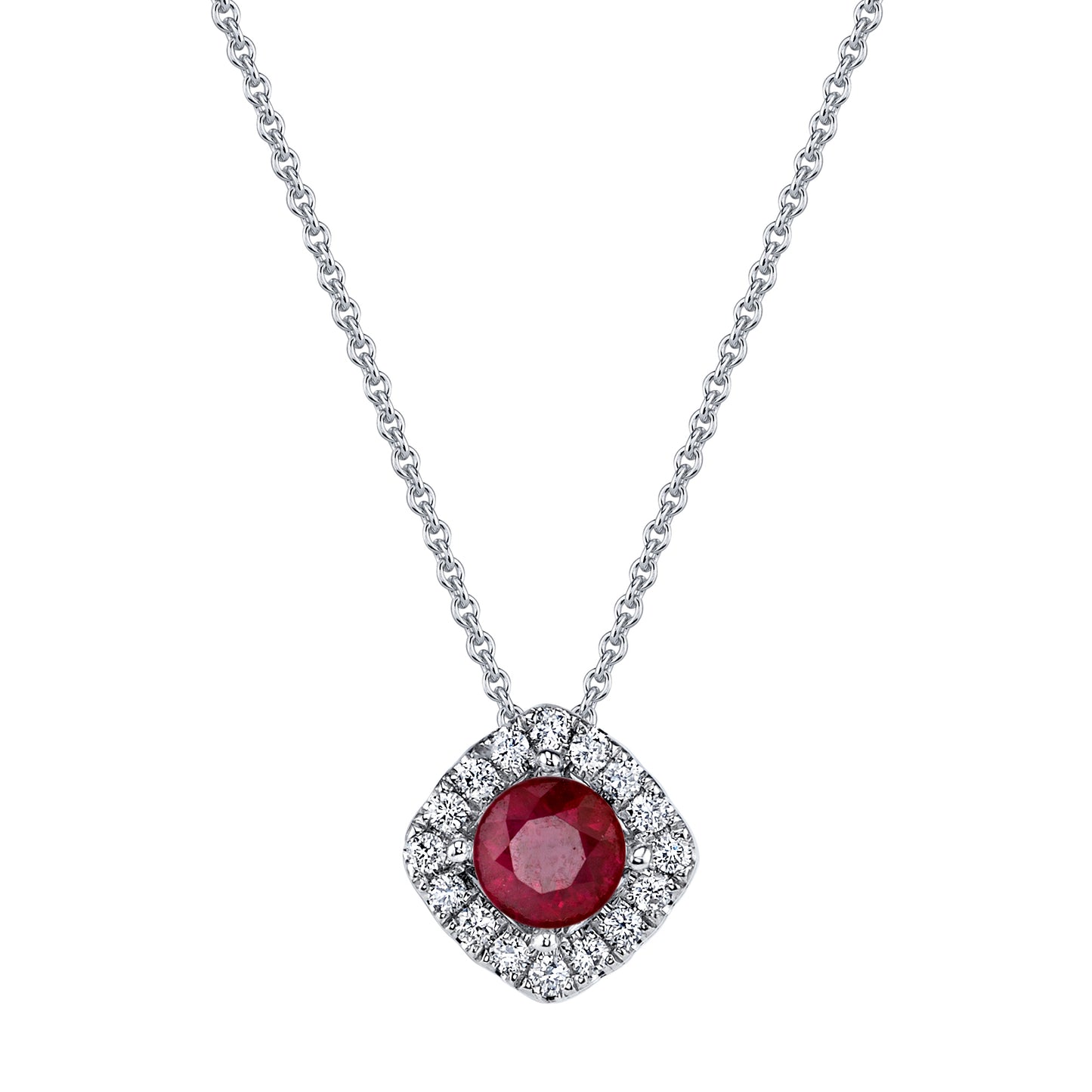White Gold Ruby Diamond Side Square Halo Pendant