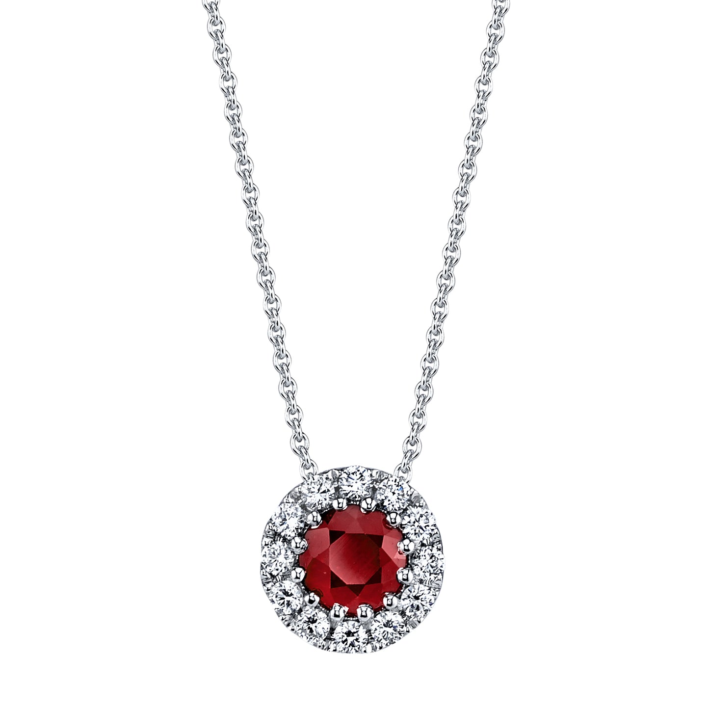 White Gold Ruby Diamond Halo Pendant