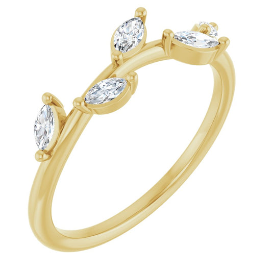 Gold ring with five marquise-shaped diamonds on a white background