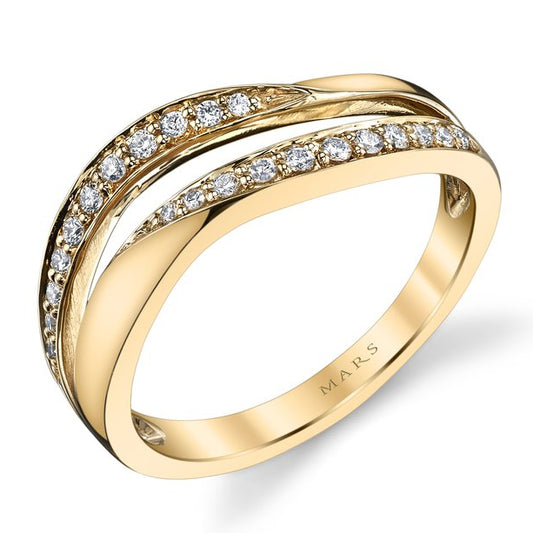 A yellow gold double-band ring with pavé-set clear stones on the upper curve, shown on a clean white background. The inner band is engraved with the brand name 'MARS'.