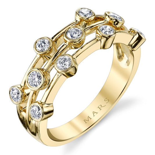 A gold ring with multiple bezel-set round clear gemstones, shown on a clean white background. The inner band is engraved with the brand name 'MARS'.