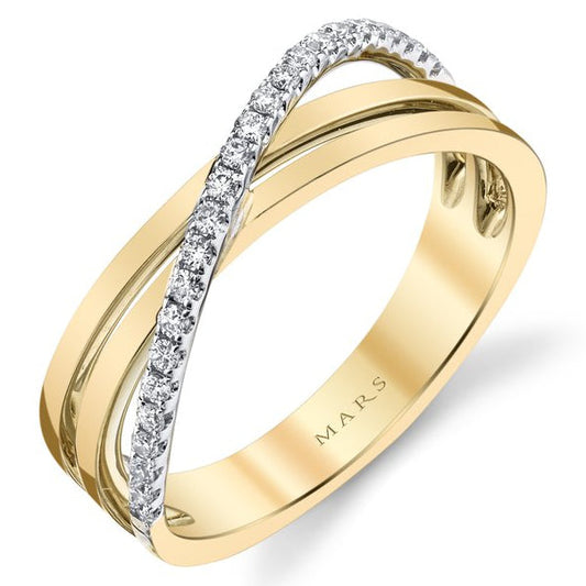 A yellow gold ring with a double-band design, featuring one band paved with small clear stones and the other plain, with the brand name 'MARS' engraved on the inner band, set against a plain white background.