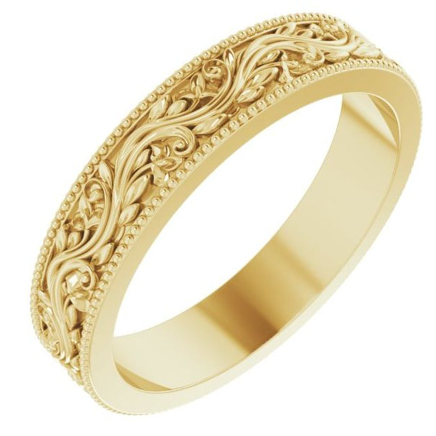 14k Gold 4mm Milgrain Edge Floral Flat Ladies' Band