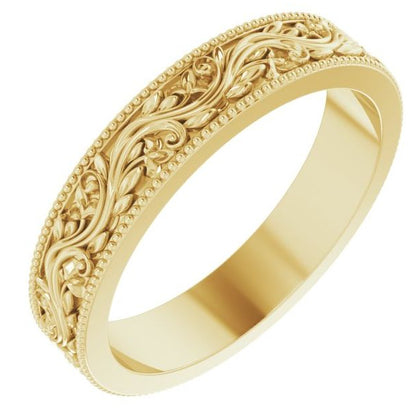 14k Gold 4mm Milgrain Edge Floral Flat Ladies' Band