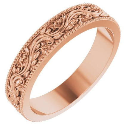 14k Gold 4mm Milgrain Edge Floral Flat Ladies' Band