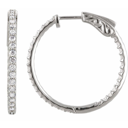 14K White 1 CTW Natural Diamond Inside-Outside 26.5 mm Hinged Hoop Earrings