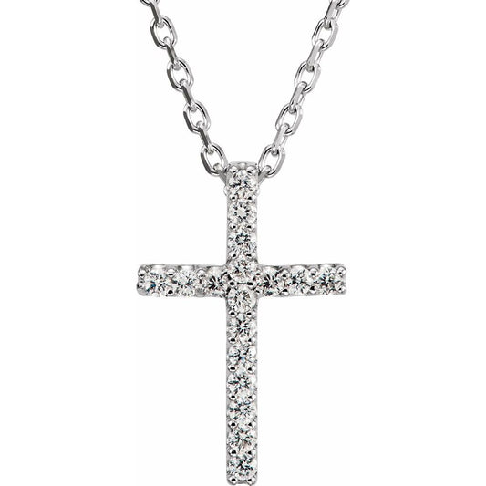 14K White .06 CTW Natural Diamond Petite Cross 16" Necklace