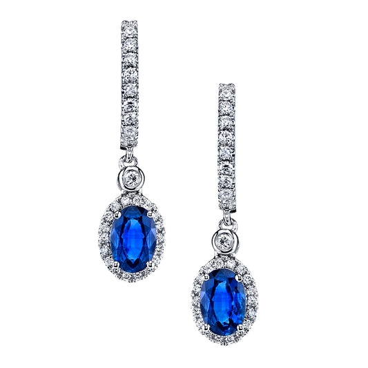 Dangling Oval Sapphire with Diamond Halo Earrings