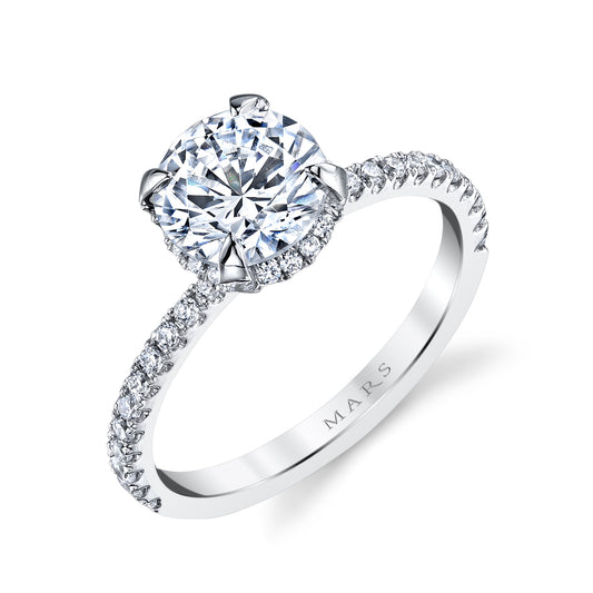 Mars Round Engagement Ring with hidden halo 14K White Gold