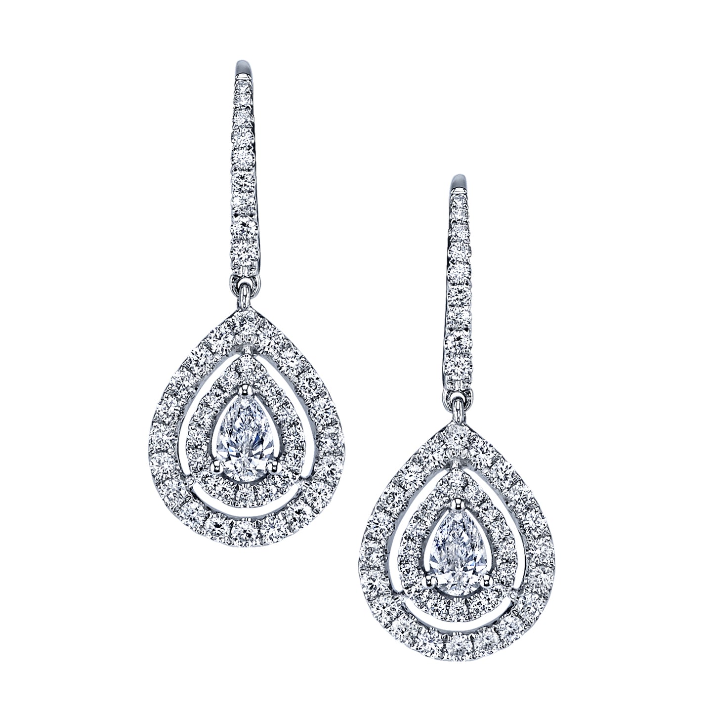 Dangling Double Halo Pear Shape Diamond Earrings