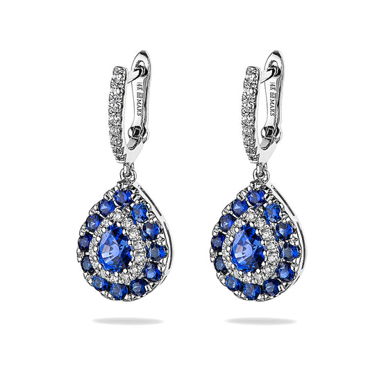 Dangling Teardrop Halo Diamond and Sapphire Earrings