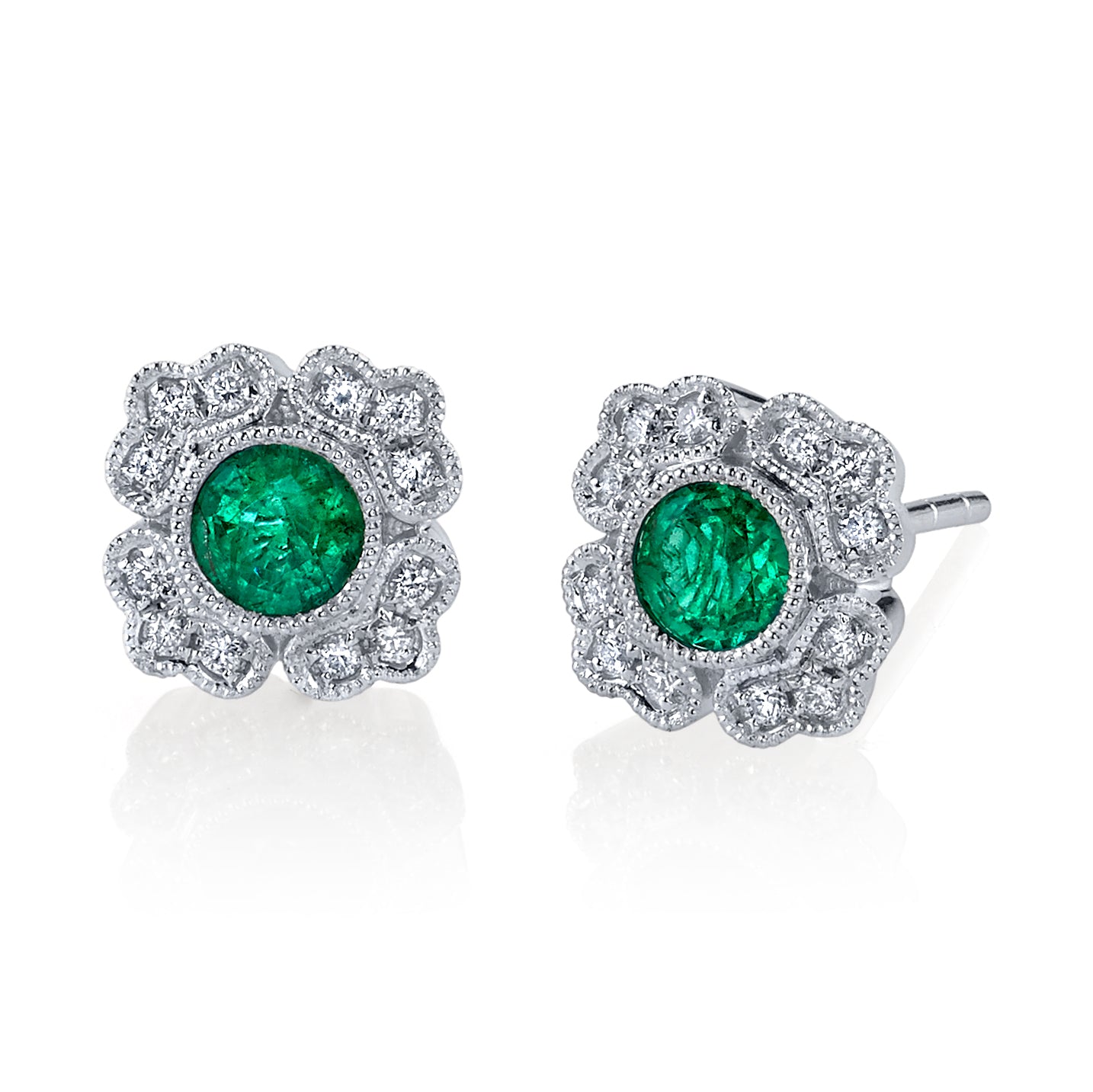 Vintage Round Emerald and Diamond Stud