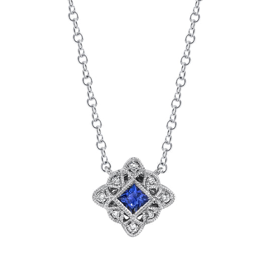 Princess Cut Sapphire Diamond with Milgrain Edge Pendant