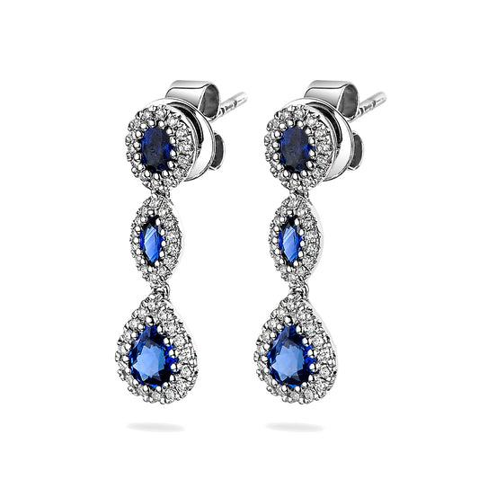 Dangling Three Stone Sapphire with Diamond Halo Earrings