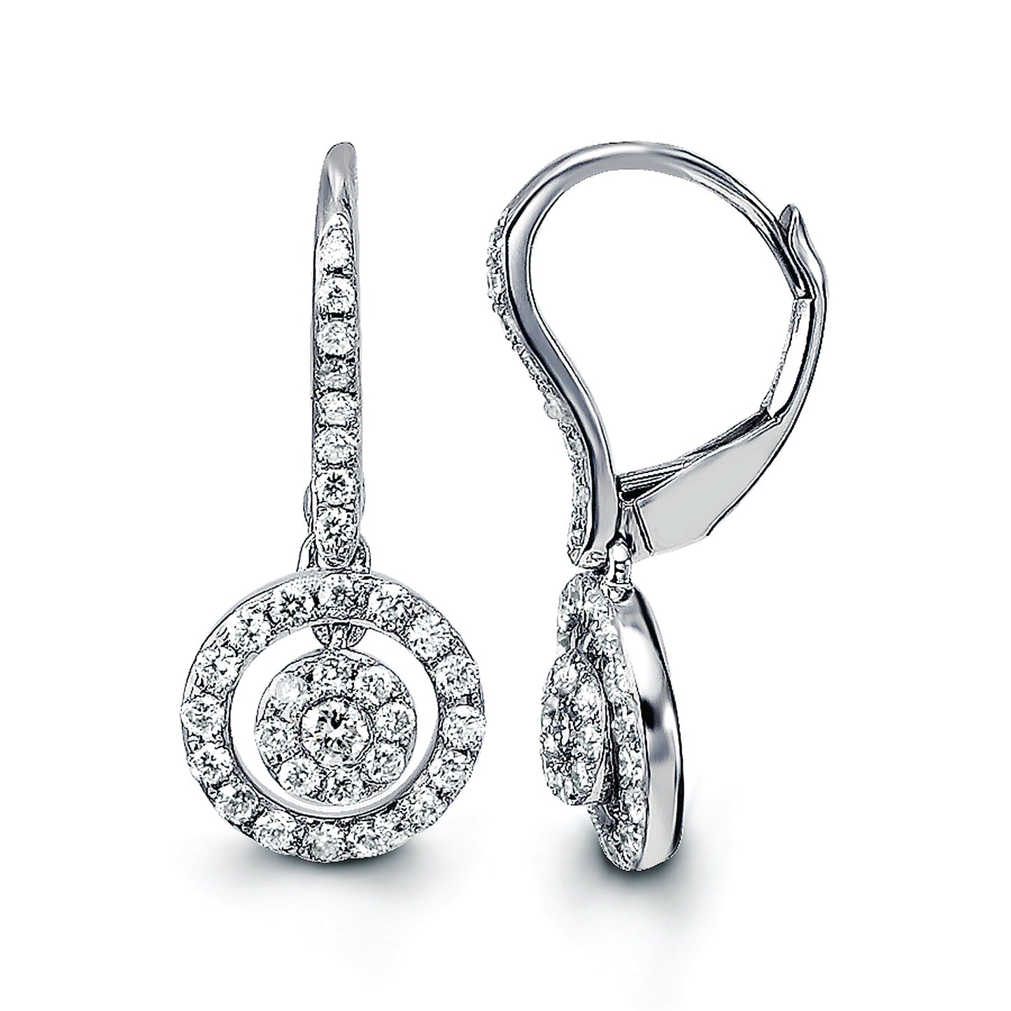 Dangling Cluster Round with Halo Diamond Earrings